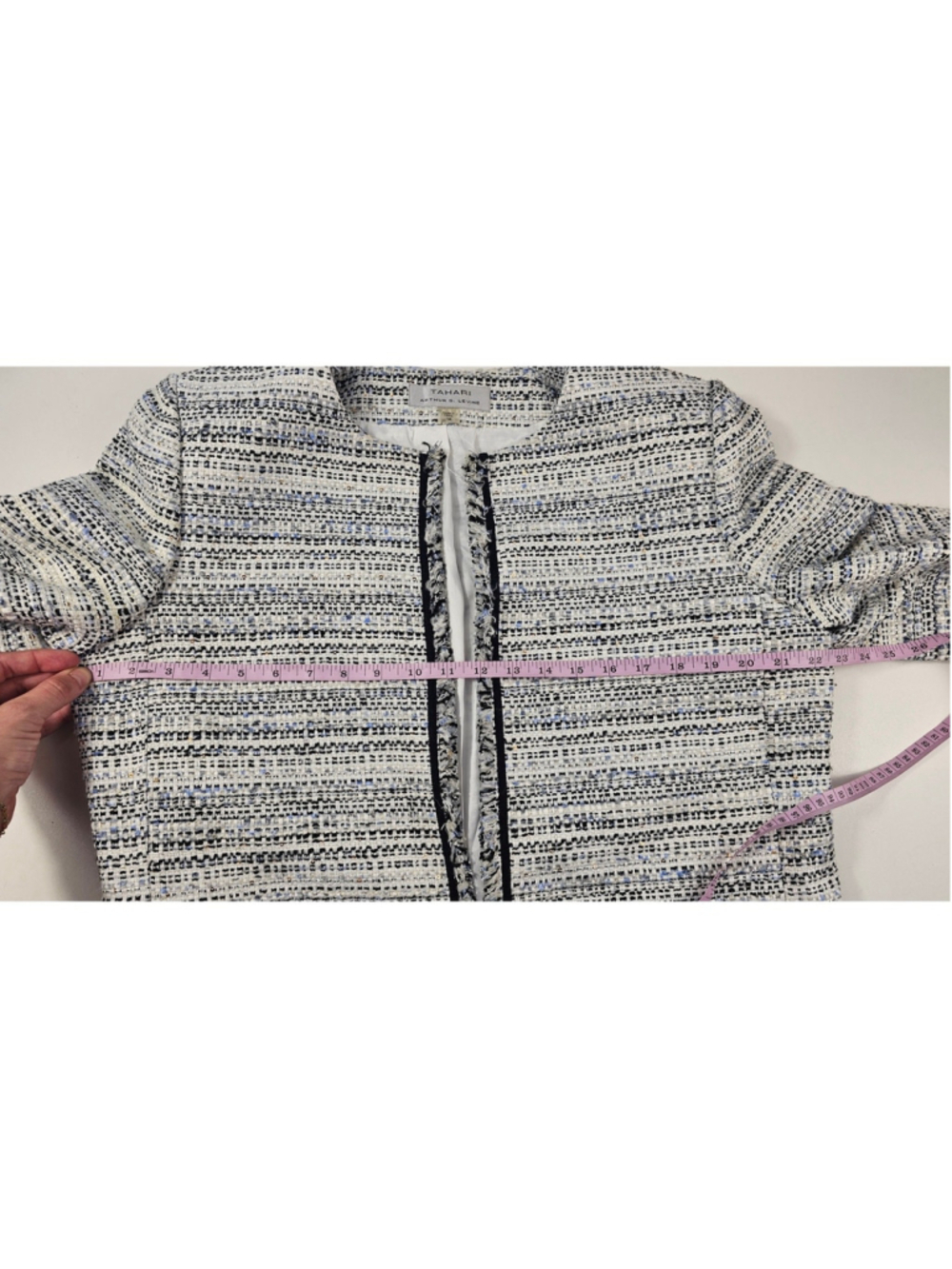 Tahari wool blend twill frayed detail tynic length open blazer sz 14 old money - Picture 8 of 9